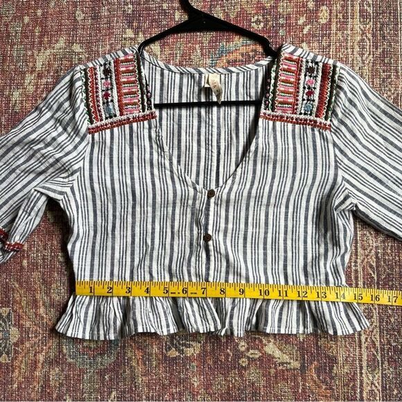 Small Raga Women’s Striped cropped Boho Blouse with Button & Embroidered Details - Picture 11 of 13